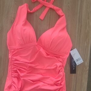La Blanca Neon Pinkish Coral Halter Swimsuit NWT Built In Cups